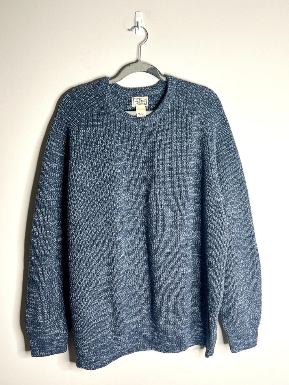 L.L. Bean Marled Blue Crew Neck 100% Cotton Chunky Knit Cabincore Cozy Sz XXL